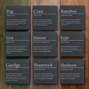 Irish Dictionary Slate Coasters – 9 Engraved Dictionary-Style Gaelic Words | Craic, Sláinte Celtic Gift, Ireland Present, Irish Gift idea