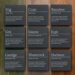 Irish Dictionary Slate Coaster Set – 9 Engraved Dictionary-Style Gaelic Words | Craic, Sláinte Celtic Gift, Ireland Present, Irish Gift idea