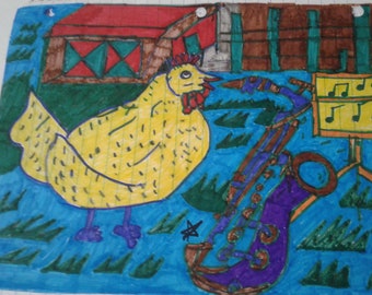 Cluck Cluck Playing The Saxophone - A Digital Pencil Sketch - see item details