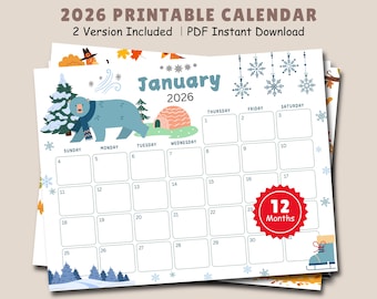 Calendario imprimible 2026 para niños, calendario escolar mensual, planificador para el aula y la educación en casa, calendario de pared y de escritorio para la organización familiar.