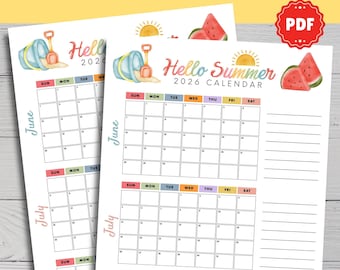 Summer Calendar Poster Printable, 2026 Summer Bucket List Activities Large Checklist Family Planner for Kids Fun Template Digital Download