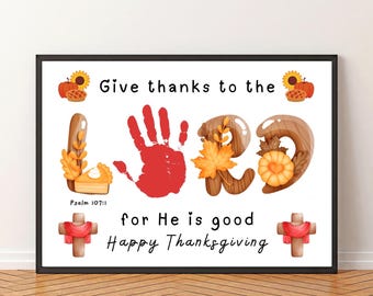 Christian Thanksgiving Handprint Art Craft Fall Printable, Give Thanks Bible Verse Activity Sunday School Craft