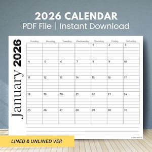 May include: A printable 2026 calendar in black and white, featuring a grid layout with days of the week and dates for January. The text "2026 CALENDAR" and "PDF File | Instant Download" are at the top. The words "January 2026" are on the left side.