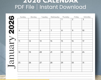 2026 Monthly Calendar PRINTABLE | Lined & Unlined | US Letter 11x8.5&quot; | Sunday and Monday Start | Jan - Dec | Minimalist PDF Download