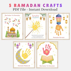 May include: Five framed Ramadan crafts with watercolor illustrations. The images include a mosque, fireworks, handprints, lanterns, and a crescent moon. Text includes "Marhaban Ya Ramadan", "Ramadan Mubarak", and "Ramadan Kareem". The top text reads "5 Ramadan Crafts PDF File - Instant Download".