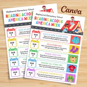 May include: Two flyers for "Reading Across America Week" from Maplewood Elementary School. The flyers have a colorful design with a road and calendar icons. Each day has a theme, such as "Cozy Up With a Good Book" and "Animal Tales Day."