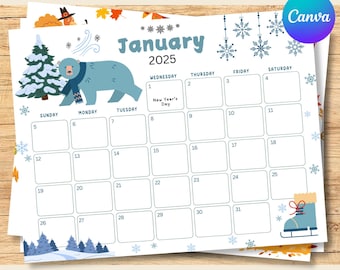 2025 Calendar Printable, Cute Kids Calendar 2025, Printable Calendar PDF, Editable Calendar, Kids Monthly Planner, Homeschool Calendars