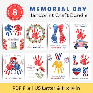 Könnte beinhalten: Ein Memorial Day Handabdruck-Bastelpaket mit acht Designs. Jedes Design enthält rote, weiße und blaue Handabdrücke, patriotische Bilder und Text. Das Paket ist eine PDF-Datei, US Letter-Größe und 28 x 36 cm.