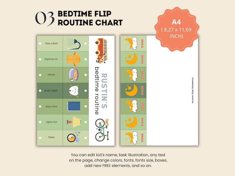 May include: A printable bedtime routine chart for kids featuring a green and yellow color scheme. The chart includes a list of bedtime activities such as taking a bath, putting on pajamas, brushing teeth, and reading a story. The chart also includes a section for the child's name, which is "RUSTIN'S" in this example. The chart is designed to be printed on A4 paper, which is 8.27 inches by 11.69 inches.
