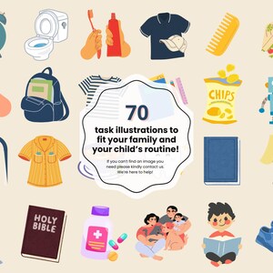 May include: A set of 70 colorful illustrations depicting various daily tasks for children and families. The illustrations include activities like brushing teeth, getting dressed, eating, playing, and reading. The illustrations are perfect for creating a visual schedule or routine for children.