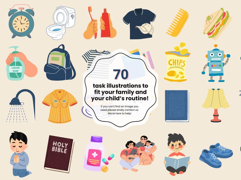 May include: A set of 70 colorful illustrations depicting various daily tasks for children and families. The illustrations include activities like brushing teeth, getting dressed, eating, playing, and reading. The illustrations are perfect for creating a visual schedule or routine for children.