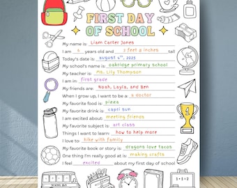 First Day of School Printable, Back to School Questionnaire, All About Me Worksheet, School Memory Book, Preschool Kindergarten Activity PDF