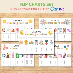 Kids Flip Routine Chart Editable Printable, Morning Evening Bedtime Flip Chart, Toddler Chore Chart, Visual Schedule For kids Canva PDF