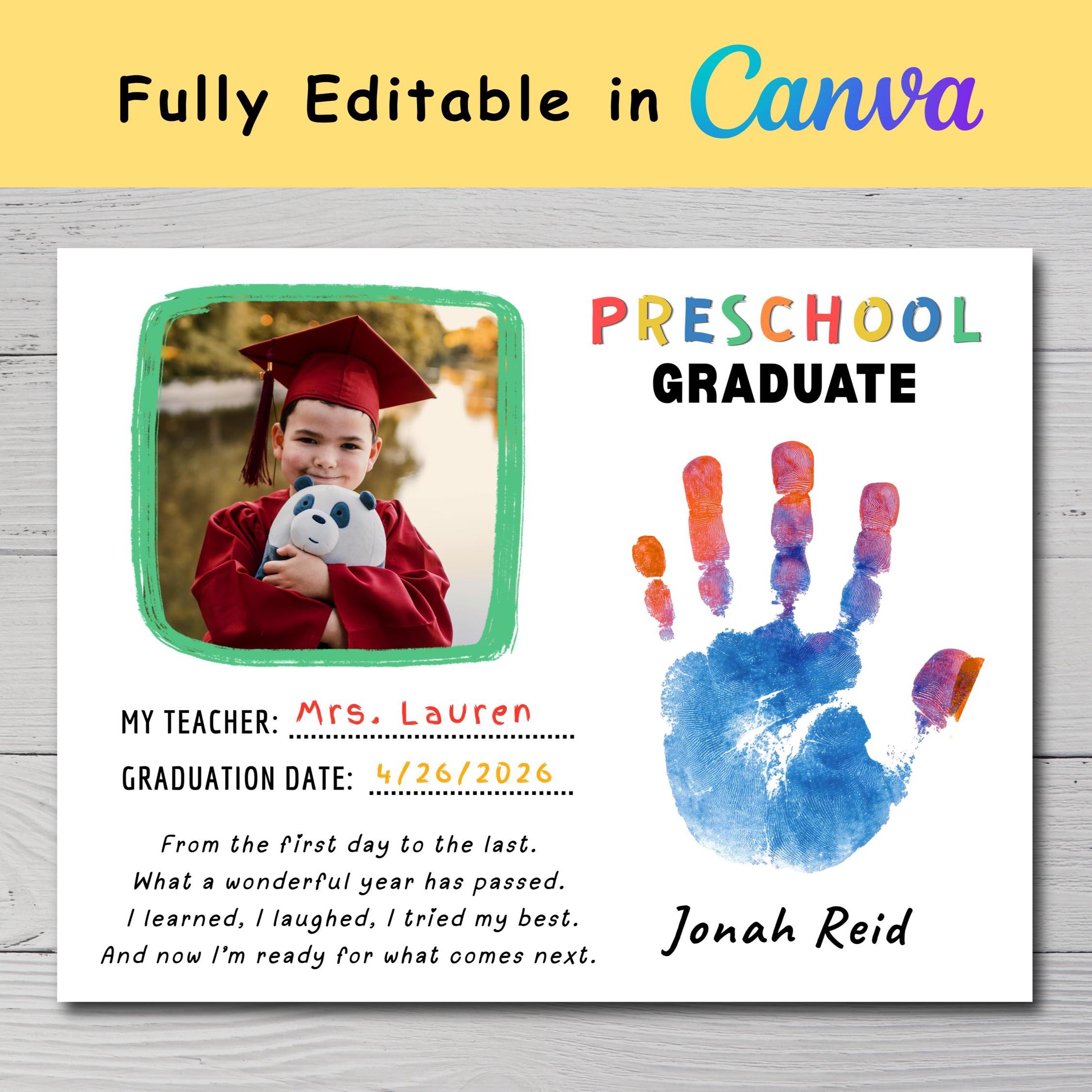 Preschool Graduation Handprint Craft Printable, End of Year Keepsake ...