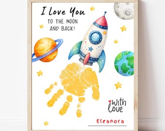 Vatertag Handabdruck Handwerk bedruckbar, Rakete Handabdruck Kunst Geschenk für Papa, ich liebe dich bis zum Mond und zurück Andenken, DIY Last-Minute Geschenk