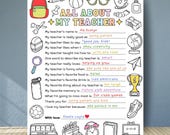 Teacher Appreciation Week Printable for Kids, All about My Teacher Printable, Thank You Teacher Fill In The Blank, Gift for Teacher School