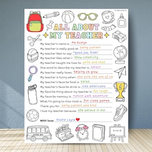 Teacher Appreciation Week Printable for Kids, All about My Teacher Printable, Thank You Teacher Fill In The Blank, Gift for Teacher School
