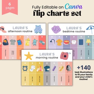 May include: A set of six printable flip charts for children's daily routines. The charts are colorfully illustrated with various activities, such as getting dressed, brushing teeth, and reading a book. The charts are titled "Laura's Morning Routine", "Laura's Afternoon Routine", and "Laura's Bedtime Routine".