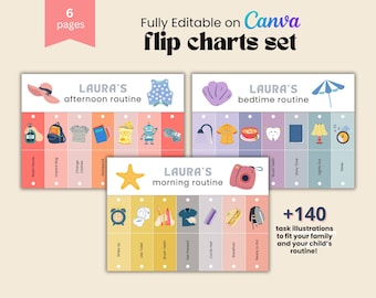 May include: A set of six printable flip charts for children's daily routines. The charts are colorfully illustrated with various activities, such as getting dressed, brushing teeth, and reading a book. The charts are titled "Laura's Morning Routine", "Laura's Afternoon Routine", and "Laura's Bedtime Routine".