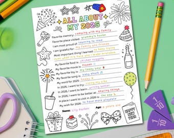 New Year's Resolution Printable for Kids: 2025 Year in Review and 2026 Goals Worksheet, Kids New Year's Activity Coloring Page Digital PDF