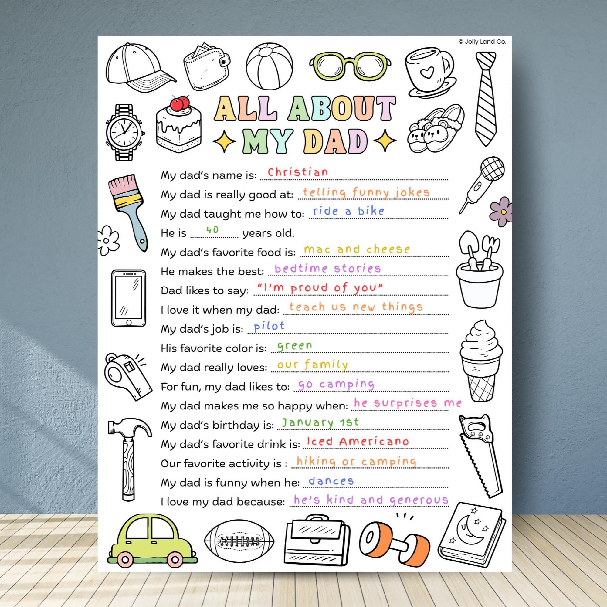 All About My Dad Printable Card, Father’s Day Questionnaire, DIY Father’s Day Coloring Activity Card, Dad Gift From Kids, Kids coloring page