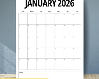 2026 Calendar 2026 Monthly Planner 2026 Wall Calendar PDF Stylish Minimalist 2026 Printable Calendar Portrait A4 Letter Size Desk Calendar