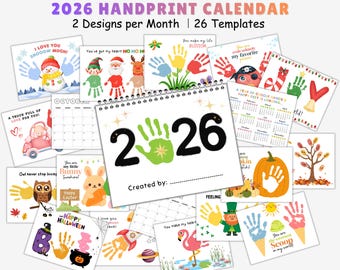 Calendario de huellas de manos 2026, regalo de recuerdo DIY, calendario imprimible, actividad de guardería para niños pequeños, manualidades con huellas de manos para niños