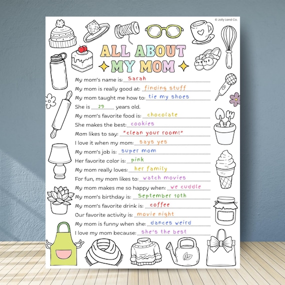 All About My Mom Printable, Mother’s Day Questionnaire for Kids, Fill in the Blank Interview, Kids Gift for Mom, Classroom Activity