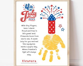 4th of July Handprint Printable Craft, 4th of July Handprint Art, Fourth of July Poem, Preschool Activities for Kids Toddler, Baby Keepsake