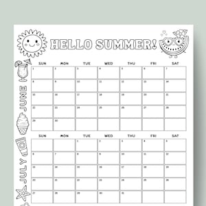 Riesen 2025 Kinder Sommerkalender zum Ausdrucken – 24x36 Wandposter mit buntem Ausmalbild – Sommer Freizeitplaner für Kinder – Sofort Download