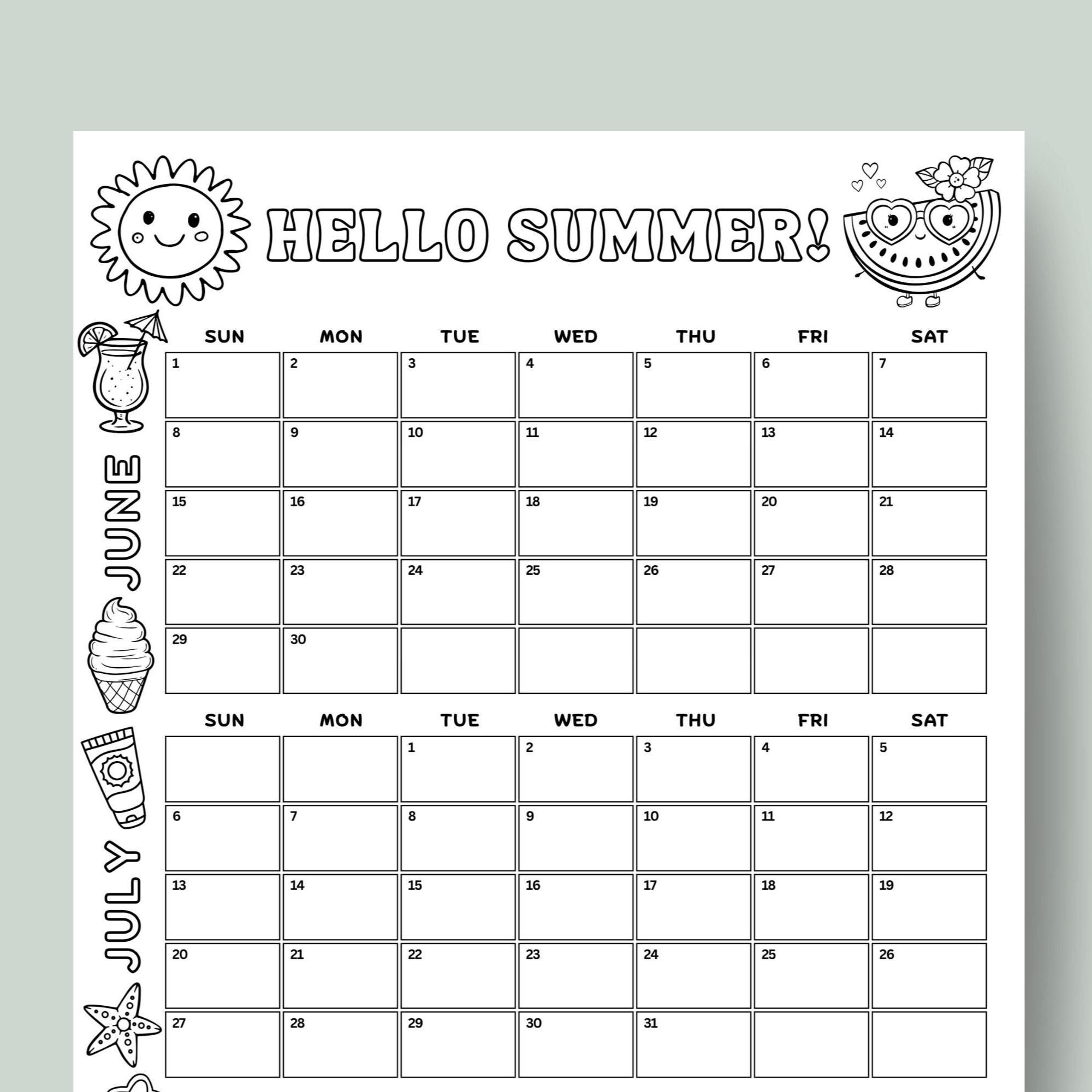 Giant 2025 Kids Summer Calendar Printable – 24x36 Wall Poster with Coloring Fun – Summer Activity Planner for Children – Instant Download