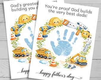 May include: Two white Father's Day cards with construction-themed illustrations. One card reads "God's greatest building you." The other card reads "You're proof God builds the very best dads!" Both cards feature a handprint and construction vehicles.