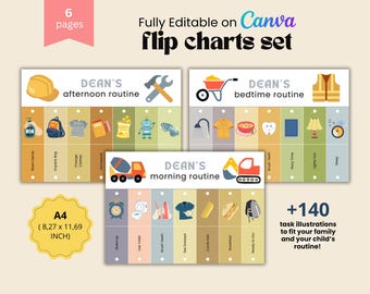 May include: A set of six printable flip charts for children's routines. The charts are designed with a construction theme and feature illustrations of a hard hat, a cement mixer, a wheelbarrow, and other construction-related items. The charts are labeled with the child's name, "Dean's", and the routine, such as "morning routine", "afternoon routine", and "bedtime routine".