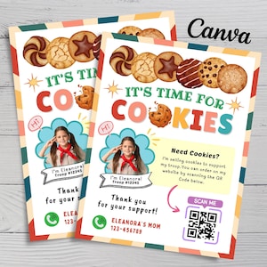 May include: Two flyers with a colorful design featuring various cookies, the text "IT'S TIME FOR COOKIES", and a photo of a girl in a scout uniform. The flyers also include a QR code and contact information.