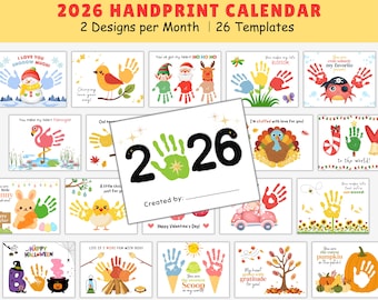 Calendario de huellas de manos 2026, para niños, bebés y niños pequeños, actividades para guardería, recuerdos de Navidad imprimibles.
