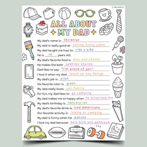 K&ouml;nnte beinhalten: Ein handgezeichnetes "Alles &uuml;ber meinen Papa" Ausf&uuml;llblatt mit L&uuml;cken. Es enth&auml;lt Illustrationen verschiedener Objekte und Aktivit&auml;ten. Der Text ist in einer kinderfreundlichen Schriftart gehalten.