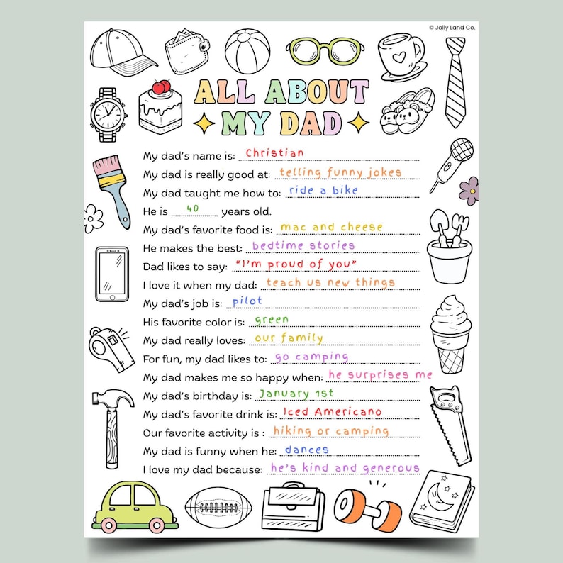 K&ouml;nnte beinhalten: Ein handgezeichnetes "Alles &uuml;ber meinen Papa" Ausf&uuml;llblatt mit L&uuml;cken. Es enth&auml;lt Illustrationen verschiedener Objekte und Aktivit&auml;ten. Der Text ist in einer kinderfreundlichen Schriftart gehalten.