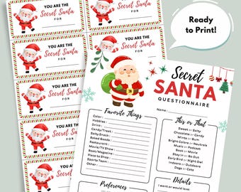 Peut inclure: Un questionnaire et des étiquettes-cadeaux Secret Santa imprimables. Le questionnaire comprend des sections pour les choses préférées, les préférences et les détails. Les étiquettes-cadeaux présentent une illustration du Père Noël et le texte "You are the Secret Santa for".