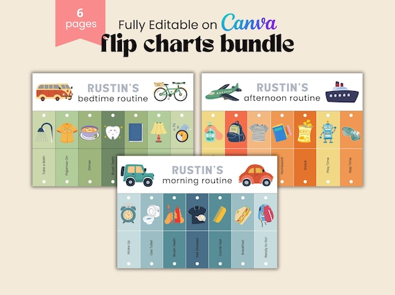Kids Flip Routine Chart Editable Printable, Morning Evening Bedtime Flip Chart, Toddler Chore Chart, Visual Schedule For kids Canva PDF