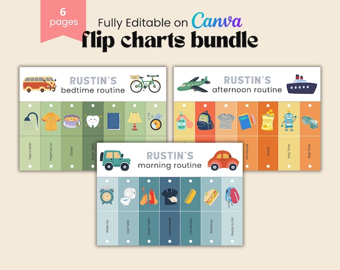 Kids Flip Routine Chart Editable Printable, Morning Evening Bedtime ...