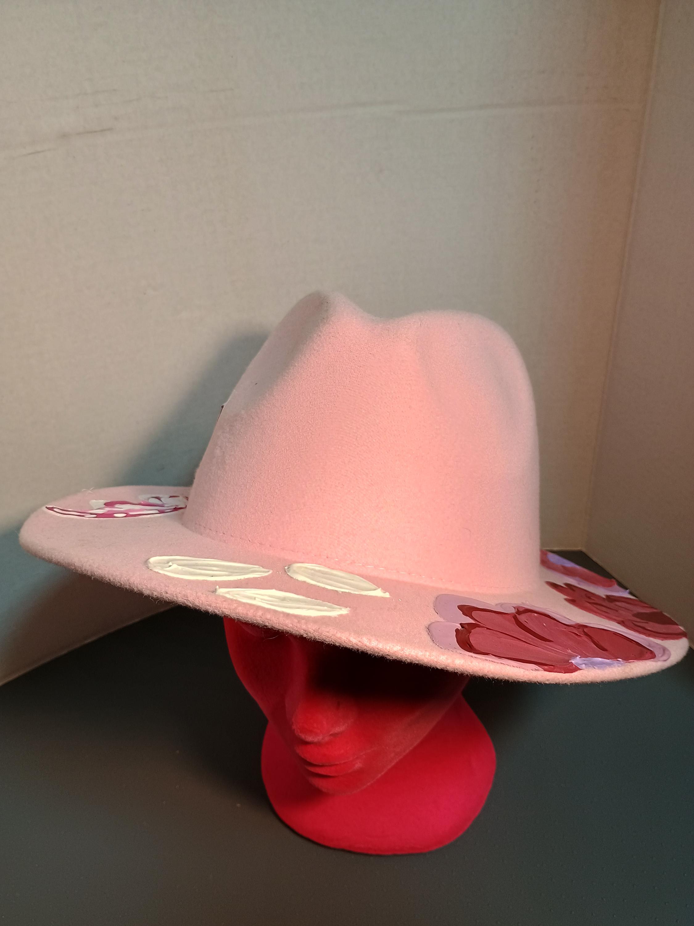 Unique Hand-painted Felt Hat With Pink 3d Floral Design 