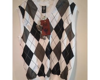 GB Argyle Sweater Vest Homme XL Blanc Noir Gris Nouveau Avec Nœud Papillon