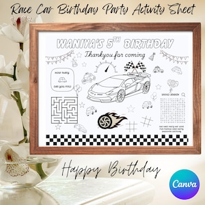 Puede incluir: Una hoja de actividades imprimible en blanco y negro para una fiesta de cumpleaños infantil. La hoja presenta un tema de carreras de coches con una búsqueda de palabras, un laberinto y una actividad de contar los coches. El texto en la hoja dice "Waniya's 5th Birthday Thank you for coming Happy Birthday".