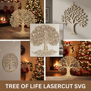 Könnte beinhalten: Eine Sammlung von lasergeschnittenen Baum des Lebens Designs aus Holz. Die Bilder zeigen verschiedene Stile, darunter eine Wanddekoration, eine gerahmte Version mit herzförmigen Fotorahmen und ein kreisförmiges Design. Der Text "TREE OF LIFE LASERCUT SVG" steht unten.