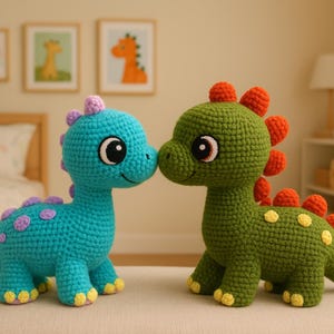 May include: Two handmade crochet dinosaur toys. One is teal with purple spots and the other is green with orange and yellow accents. Both have large, friendly eyes and are posed nose-to-nose. The toys are likely for children.