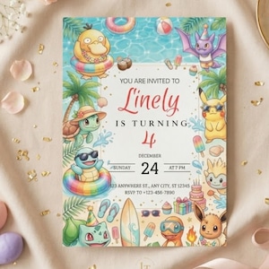 May include: A colorful birthday invitation featuring cartoon characters in a beach scene. The invitation includes the text "You are invited to Linely is turning 4" with the date December 24th. The design incorporates palm trees, beach balls, and other summer elements.