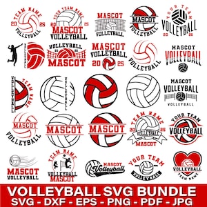 May include: A selection of red and white volleyball-themed graphics. Designs include volleyballs, nets, and text such as "Mascot Volleyball" and "Your Team". The bottom of the image reads "Volleyball SVG Bundle".