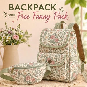 May include: A cream-coloured backpack and matching fanny pack set, both with a floral pattern. The backpack has a flap closure and adjustable straps. The fanny pack has a zip closure and an adjustable strap. The text on the image says 'Backpack with Free Fanny Pack'.