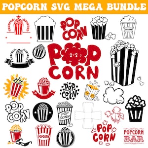 May include: A selection of popcorn-themed SVG graphics in red, black, and white. The designs include popcorn buckets, kernels, and text elements like "Popcorn" and "Popcorn Bar". The phrase "Popcorn SVG Mega Bundle" is at the top.