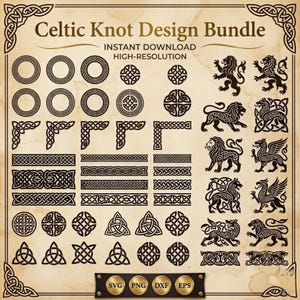 Peut inclure: Un ensemble de téléchargement numérique avec divers motifs de nœuds celtiques noirs. La collection comprend des motifs circulaires, des coins, des bordures et des illustrations d'animaux comme des lions et des griffons. Le texte "Celtic Knot Design Bundle" est en haut.